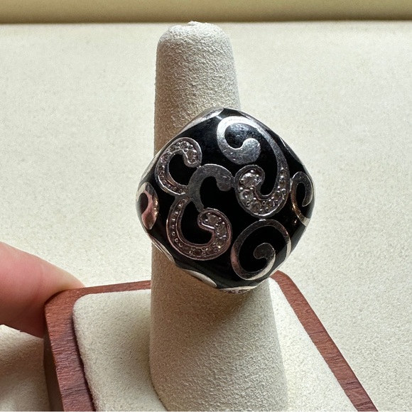 Sterling Silver 925 Black Enamel and Rhinestone Ring - Picture 9 of 14